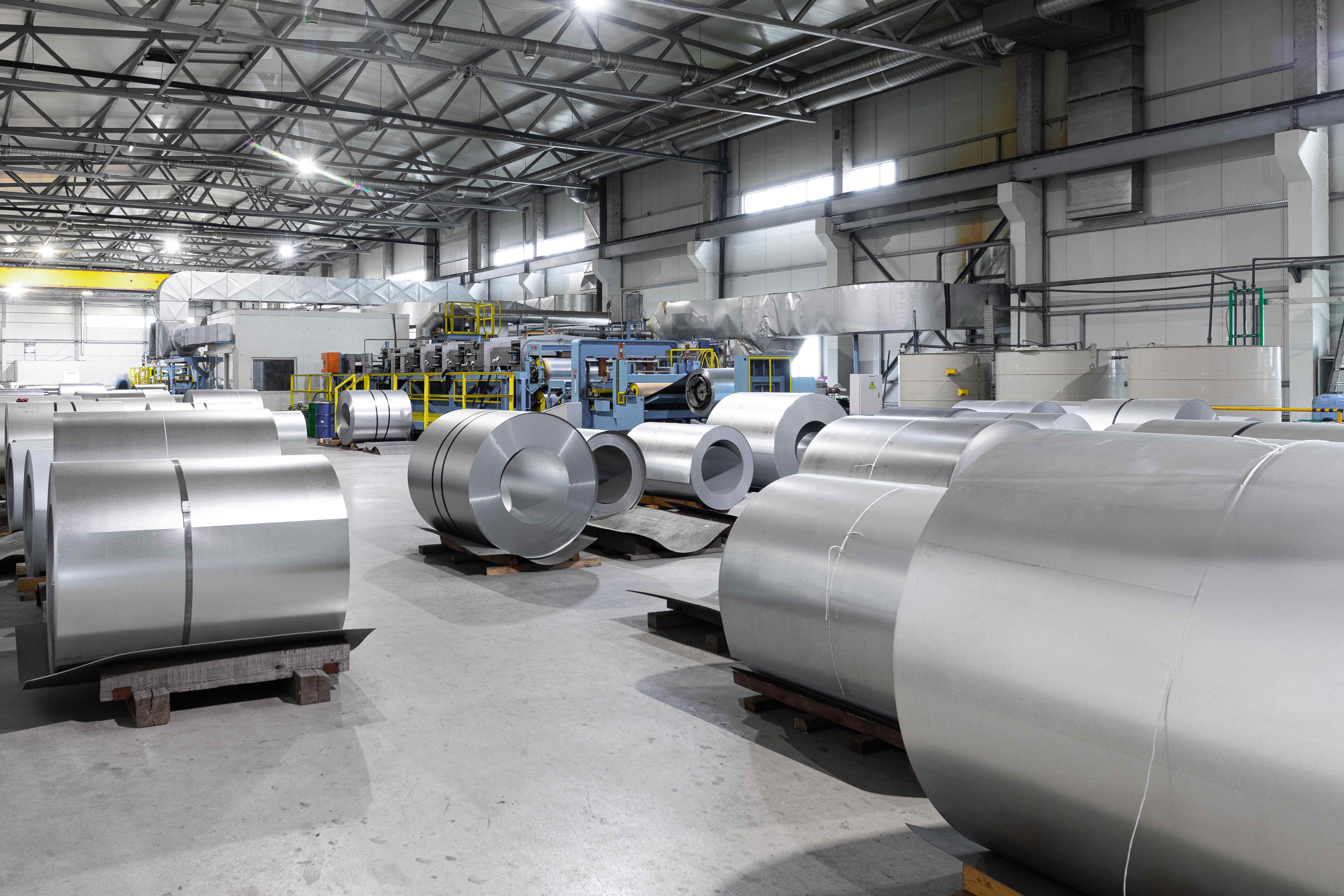 Modern tinplate factory with rolls of metal